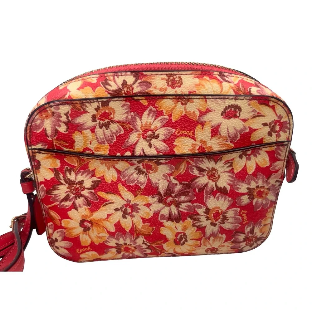 Coach Mini Camera Bag Gold Red Multi Floral Print Crossbody Handbag C8699